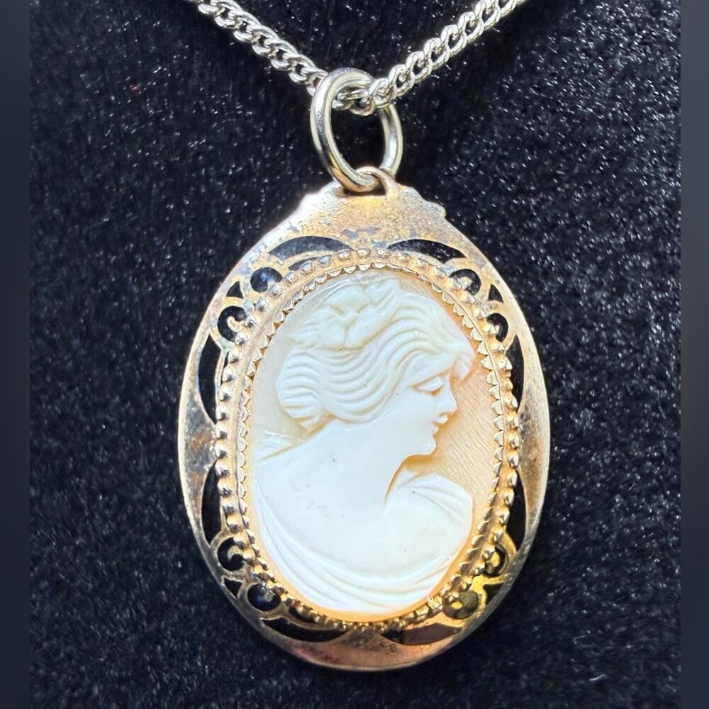 Vintage Silver Gold Toned Enamel Carved Shell Cameo Pendant 3/4”